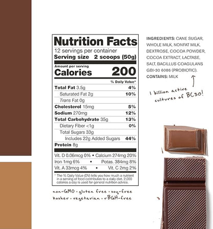 Skratch Labs Post Workout Recovery Drink Mix with Chocolate, (21.2 oz, 12 Servings) with Complete Milk Protein of Casein, Whey, Probiotics, Gluten Free, Kosher, Vegetarian