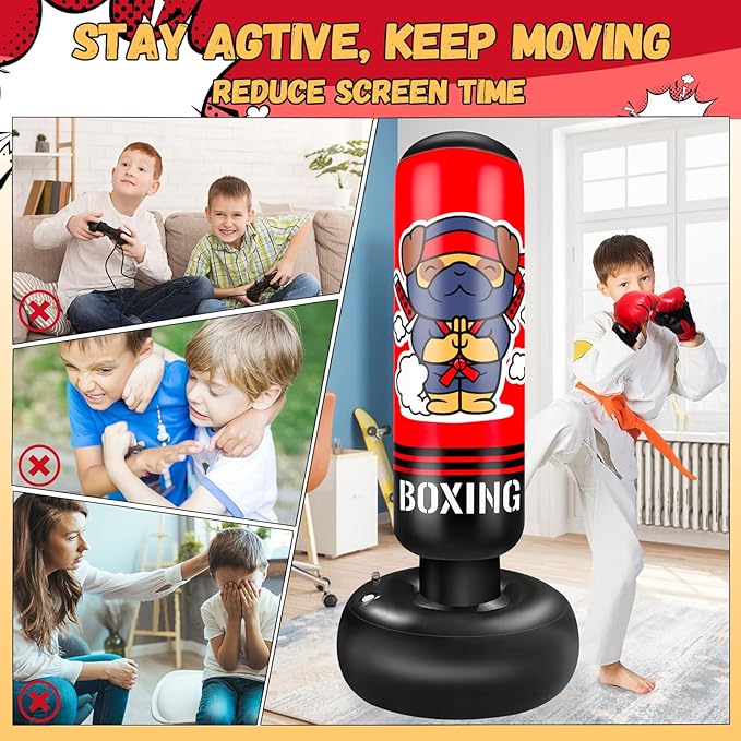 Inflatable Punching Bag for Kids, 65 Inch Kids Punching Bag with Gloves for Boys & Girls, Kicking Bag Boxing Set for Practicing Karate, Taekwondo, MMA