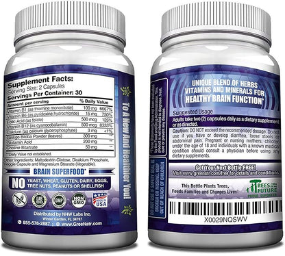 Brain Supplements for Memory and Focus - Ginko Biloba Capsules Brain Booster Supplement with B1, Folic Acid & Calcium - Memory Supplements for Cognitive Function & Brain Health 3 Bottles