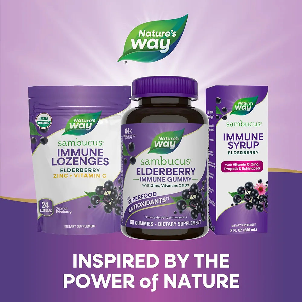 Nature’s Way Sambucus Elderberry Immune Support Gummies for Kids & Adults* with Black Elderberry Extract, Vitamin C, Vitamin D3, and Zinc, 60 Gummies