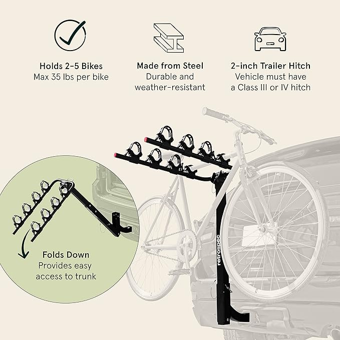 Retrospec Lenox 2-5 - Bike Hitch Rack for Cars, Trucks, SUVs with 2” Hitch | Foldable Steel Frame with Anti-Rattle Adapter, Tie Down Cradles and Straps - Fits Most Frames