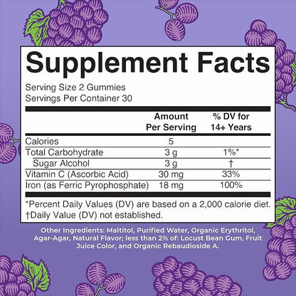 MaryRuth Organics Iron Suppleme nt Gummies for Adults | Sugar Free | Gummy Iron Supplements Vitamin C for Ages 14 | Iron Supplement for Iron Deficiency | Immune Support | Vegan | Non-GMO | 60 Count