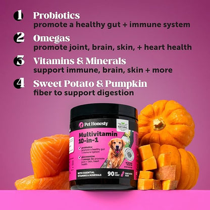 Pet Honesty Multivitamin Dog Supplement, Glucosamine Chondroitin for Dogs, Probiotics, Omega Fish Oil, Dog Supplements & Vitamins, Dog Vitamins for Skin and Coat Allergies, (Chicken 90 ct)