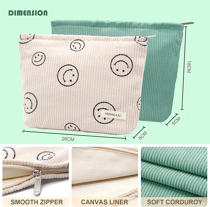 Corduroy Makeup Bag Cosmestic Bag Large Capacity Ladies Women Aesthetic Make Up Organizer Accessories Zipper Pouch Purse （Beige+Light Green）