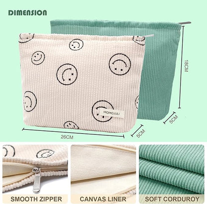 Corduroy Makeup Bag Cosmestic Bag Large Capacity Ladies Women Aesthetic Make Up Organizer Accessories Zipper Pouch Purse （Beige+Light Green）
