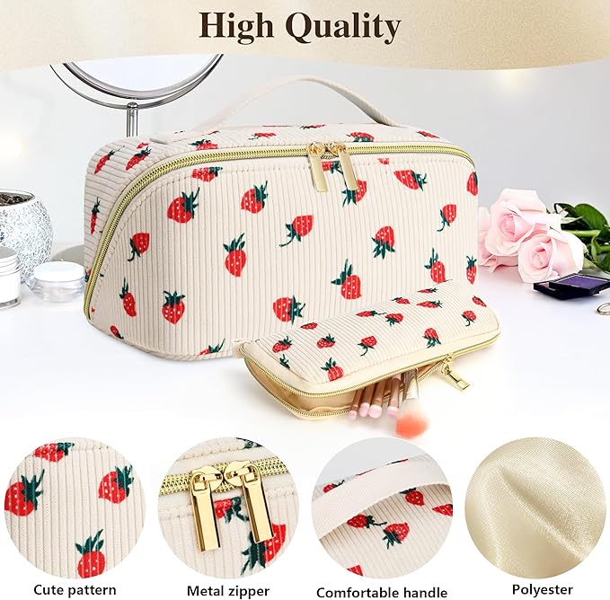 Travel Makeup Bag Set, 2Pcs Large Capacity Flower Make up Bag Quilted Cosmetic Bag for Girls, Little Flower Cute Travel Toiletry Bag for Women Wide Open Floral Cotton Stuff Bag Skin Care Bag
