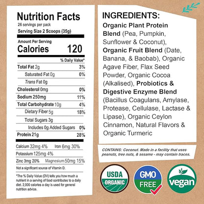 EarthChimp Organic Vegan Protein Powder - with Probiotics - Non GMO, Dairy Free, Non Whey, Plant Based Protein Powder for Women and Men, Gluten Free - 26 Servings 32 Oz (Plain & Unsweetened)
