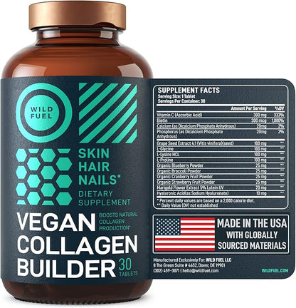 WILD FUEL Vegan Collagen Builder - Biotin, Organic Superfood, Amino Acids Glycine, Lysine, Proline Plant-Based Collagen Booster Supplements - 30 Organic Extract Tablets