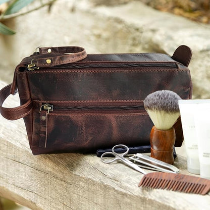 RUSTIC TOWN Buffalo Leather Toiletry Bag : Vintage Travel Shaving & Dopp Kit : for Toiletries, Cosmetics & More : Spacious Interior & Waterproof Lining : Compact, Fits Easily in Luggage