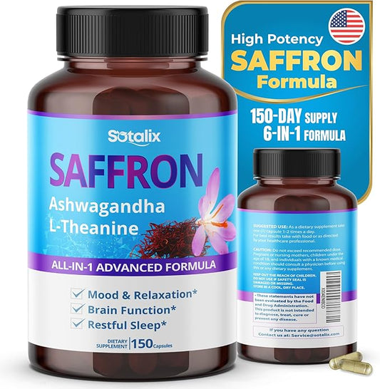 Saffron 14,950mg with Ashwagandha, Ginseng, L-Theanine, Relaxation, Restore - USA Made & Tested (150-day Supply (Pack of 1))