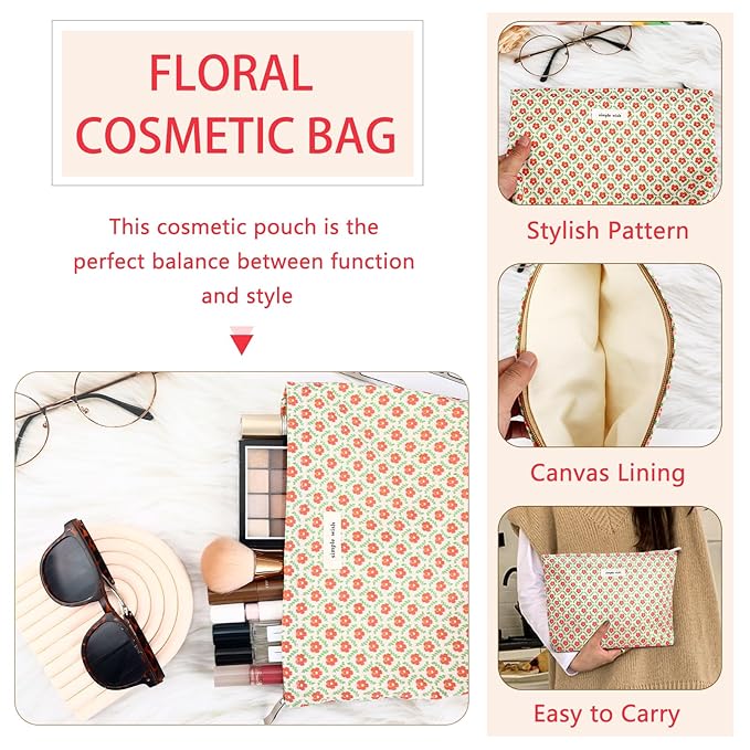 ZLFSRQ Flower Makeup Bag Travel Cute Floral Cosmetic Bag for Women Girls Small Red Flower Makeup Zipper Portable Storage Toiletry Pouch for Purse Aesthetic Christmas Essential Cosmetic Organizer
