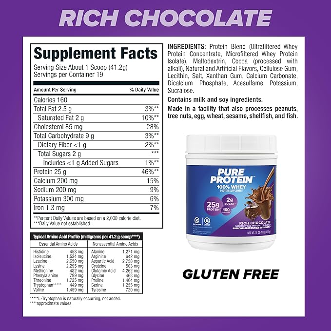 Pure Protein Powder, Whey, High Protein, Low Sugar, Gluten Free, Rich Chocolate, 1 lb