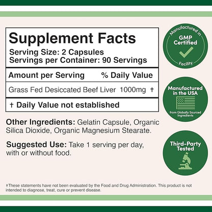 Beef Liver Capsules (1,000mg of Grass Fed, Desiccated Beef Liver per Serving, 180 Capsules, 3 Month Supply) Beef Liver Supplement for Digestion, Immune Health, Energy, and Wellness by Double Wood