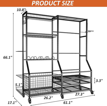 Gadroad Sports Equipment Organizer, Ball Rack, Gear & Ball Storage - Garage Organizer with Baskets, Hooks & Rolling Cart - Black