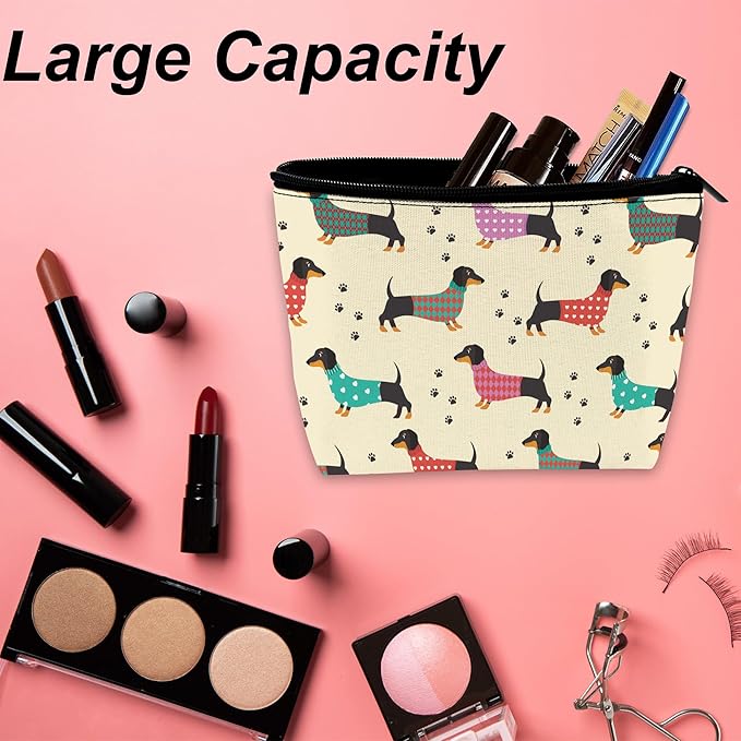 Cute Dachshunds Dog Makeup Bag for Purse, Waterproof Funny Cosmetic Bag for Women, Zipper Travel Toiletry Pouch Gift 9.5×5.9 Inch