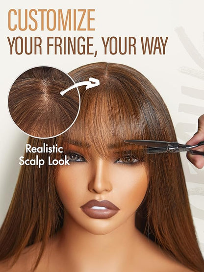 GORGIUS Straight Glueless Wig with Bangs Medium Brown Layered Hair Ready-to-Go Synthetic Bang Wigs with Realistic Scalp 24 Inch