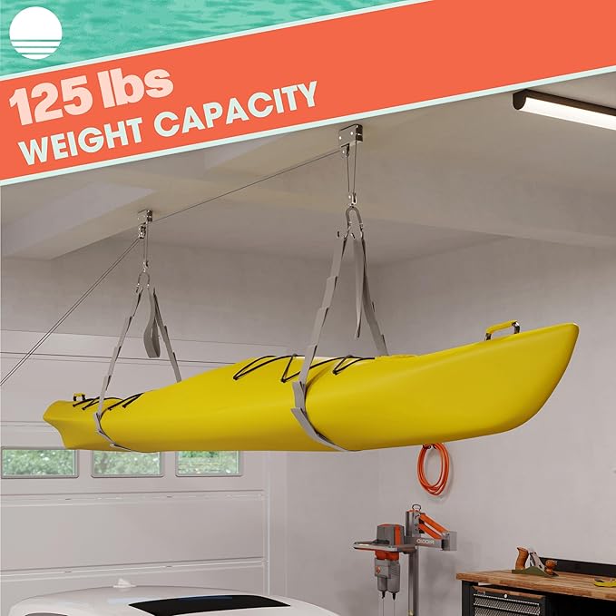 Kayak Storage Hoist - Overhead Pulley System with 125lb Capacity for Canoes, Bikes, Ladders, and More - for up to 12-Foot Ceilings