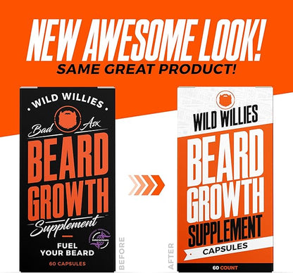 Wild Willies Beard Growth Vitamins Supplement Beard Growth Pills for Fuller & Thicker Beard, Formulated with Biositol Complex & 19 Hair Grooming Nutrients - 60 Capsules