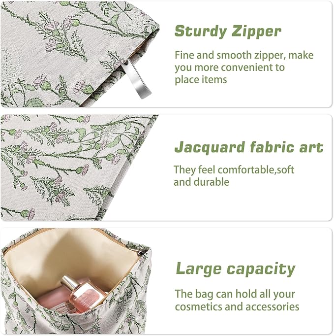 Flower Makeup Bag Travel Large Cosmetic Bag for Women Cute Leaf Makeup Pouch Zipper Cosmetic Pouch for Purse Aesthetic Green Floral Skincare Organizer Portable Toiletry Bag