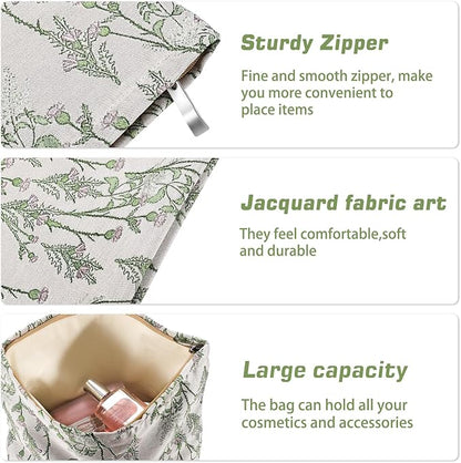 Flower Makeup Bag Travel Large Cosmetic Bag for Women Cute Leaf Makeup Pouch Zipper Cosmetic Pouch for Purse Aesthetic Green Floral Skincare Organizer Portable Toiletry Bag