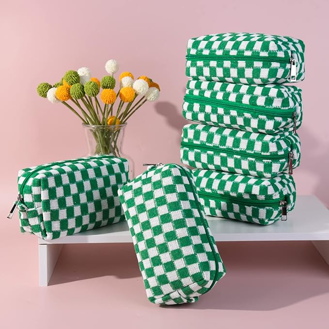 6 Pcs Preppy Makeup Bag Checkered Cosmetic Bag Bulk Green Makeup Pouch Personalize Travel Toiletry Bag Organizer Cute DIY Makeup Brushes Storage Bag for Women