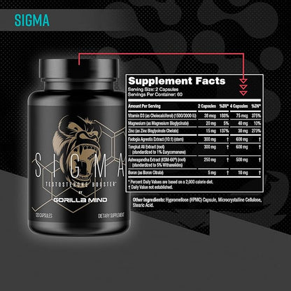 Gorilla Mind Sigma Testosterone Booster - Made with Tongkat Ali and Fadogia Agrestis Extract to Support Higher Testosterone Level (120 Capsules)
