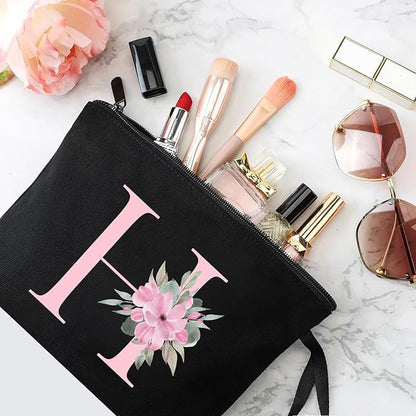 Vavabox A-Z Personalized Makeup Bag, Birthday Gifts for Women Mom, Gifts for Best Friend, Bride Bridesmaid Cosmetic bag (H, Black)