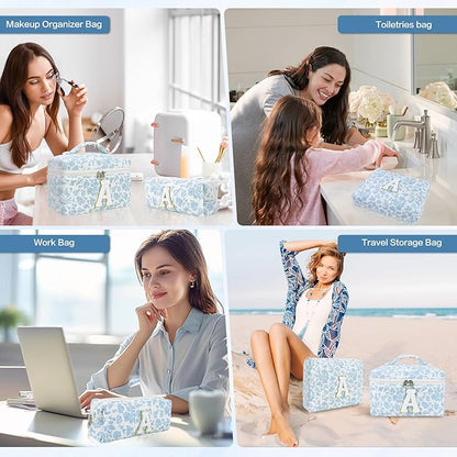 3 Pcs Travel Initial Quilted Makeup Bag set, Toiletry Personalized Floral Makeup Birthday Gifts for teens girls and women, Cosmetic bags makeup organizer bag set-S