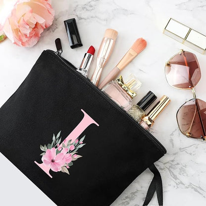 Vavabox A-Z Personalized Makeup Bag, Birthday Gifts for Women Mom, Gifts for Best Friend, Bride Bridesmaid Cosmetic bag (I, Black)
