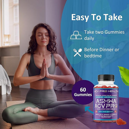 Ashwa ACV Pro Health - Sugar Free Apple Cider Vinegar Gummies, Ashwagandha Gummies, Advanced Keto ACV Gummies, Ashwagandha Supplements with Vitamin D, Stress Relief Supplement,1g Carbs Per Gummy Golo