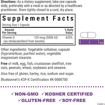 Bluebonnet Vitamin D3 5000 IU Vegetable Capsules, 120 Count