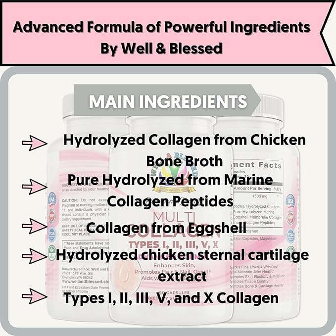 Multi Premium Collagen Supplements for Women with Vitamin C, E -Tighten Skin, Reduce Wrinkles, Strong Nails, Joints & Hair Growth - Anti Aging Skin Care Supplements for Women -90 Capsules