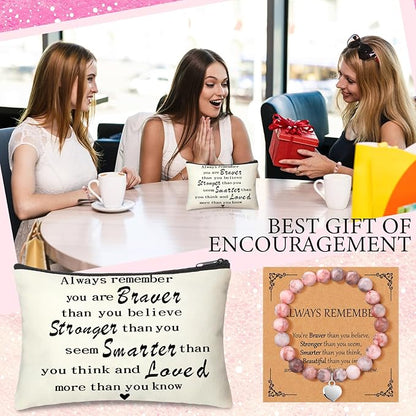 Tondiamo 6 Sets Inspirational Appreciation Gifts Include 6 Inspirational Natural Stone Bracelets 6 Cards and 6 Motivational Canvas Makeup Bags for Team Coworkers Nurse