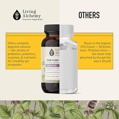 Living Alchemy Gut Health Supplements - Your Flora Probiotic Sensitive with Fermented Soybean, Lemon Balm, Peppermint, Prebiotics, Gut Cleanse Detox for Men & Women - Vegan, Non-GMO, 60 Pcs