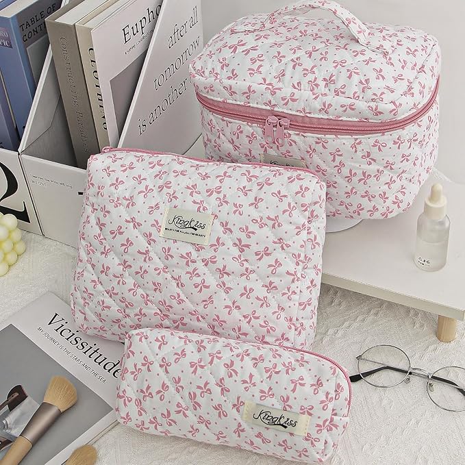 kingkiss Makeup Bag, Quilted Cosmetic Bag, Large Capacity Make Up Bag for Women, Cute Floral Storage Toiletry Bag Travel Storage Makeup Bag(Pink#3)