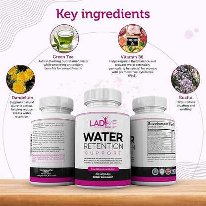 Water Retention Pills for Women Bloating Relief with Vitamin B6, Dandelion & Green Tea Natural Diuretic for Water Draining, Bloating & Swelling Detox Capsules - 60 Caps (2 Months Supply) - by LadyMe