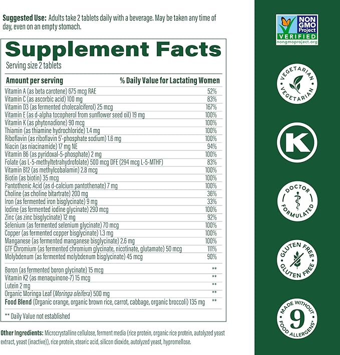 MegaFood Baby & Me 2 Postnatal Vitamins for Breastfeeding Moms with Folate (Folic Acid Natural Form), Choline, Iodine, Vitamin D, Moringa Leaf and More - 120 Tabs (60 Servings)