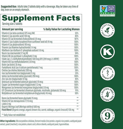 MegaFood Baby & Me 2 Postnatal Vitamins for Breastfeeding Moms with Folate (Folic Acid Natural Form), Choline, Iodine, Vitamin D, Moringa Leaf and More - 120 Tabs (60 Servings)