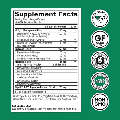 Physician's CHOICE Probiotics for Weight Management & Bloating - 6 Probiotic Strains - Prebiotics - Key ingredient Cayenne & Green Tea - Supports Gut Health - Weight Management for Women & Men - 30 CT