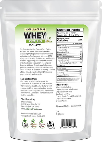Z Natural Foods Vanilla Cream Whey Protein Isolate, Nutrition-Rich, Flavorful Protein Powder for Heart Health and Immunity, Great in Tea, Coffee, Smoothie, Non-GMO, Gluten-Free, Kosher, 1 lb.