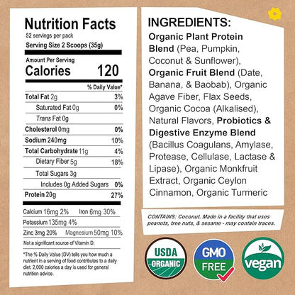 EarthChimp Organic Vegan Protein Powder - with Probiotics - Non GMO, Dairy Free, Non Whey, Plant Based Protein Powder for Women and Men, Gluten Free - 52 Servings 64 Oz (Vanilla) No Scoop