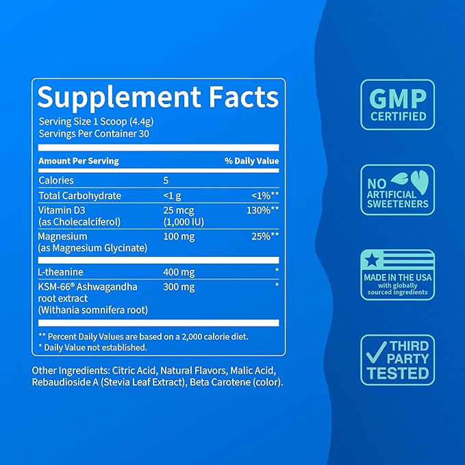 Supercalm Powdered Drink Mix, Tropical Tangerine, L Theanine, Ksm-66 Ashwagandha, Magnesium Glycinate, Vitamin D 3, Supplements for Relaxation & Focus, Natural, No Sugar, Non GMO, 30 Srvg