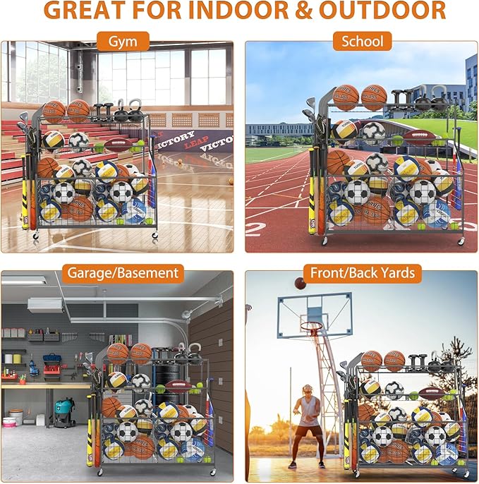 Gadroad Sports Equipment Organizer, Ball Rack, Gear & Ball Storage - Garage Organizer with Baskets, Hooks & Rolling Cart - Black