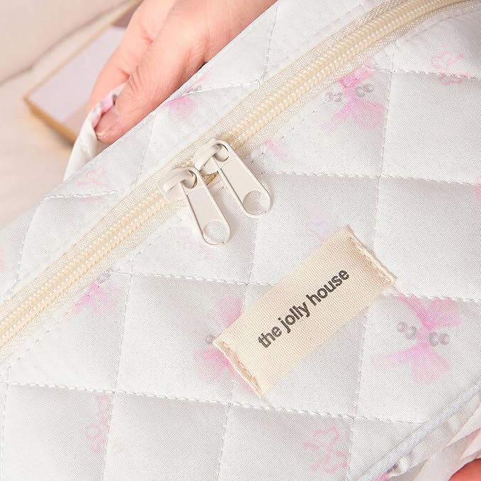 Cute Pink Bow Quilted Makeup Bag, Large Capacity Travel Cosmetic Bag for Women and Girls, Aesthetic Storage for Daily and Travel Use (Pink Bow)