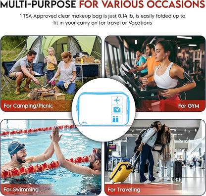 VYRL 3 Pack Clear Makeup Bag - Quart Size 3-1-1 TSA Approved Toiletry Bag with Zipper - Water-Resistant Durable PVC Clear Toiletry Bag for Carry-on Airport Travel Accessories - Blue