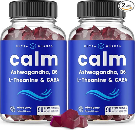 Calm Gummies | Stress Gummies Supplement with Ashwagandha, L-Theanine, GABA, Vitamin B6 & Lemon Balm | Supports Mood, Focus & Stress Relief | Vegan & Non-GMO | Natural Berry | 90 Gummies (2 Pack)