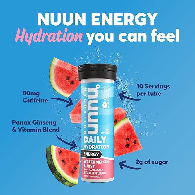Nuun Hydration Energy Electrolyte Tablets with Caffeine, B Vitamins and Ginseng, Watermelon Burst, 5 Essential Electrolytes for Hydration, Vegan, Non-GMO, 8 Pack (80 Servings)