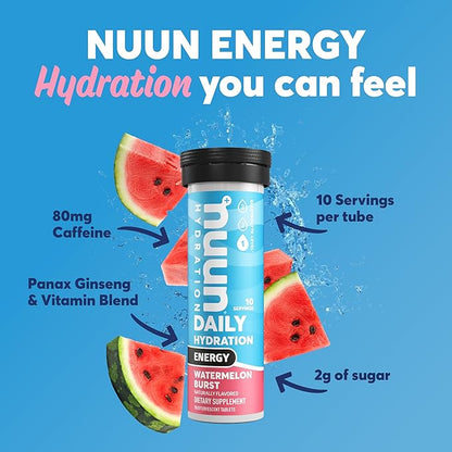 Nuun Hydration Energy Electrolyte Tablets with Caffeine, B Vitamins and Ginseng, Watermelon Burst, 5 Essential Electrolytes for Hydration, Vegan, Non-GMO, 8 Pack (80 Servings)
