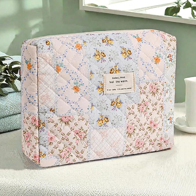 Quilted Makeup Bag,Floral Makeup Bag,Cotton Makeup Bag Set for Women,Travel Makeup Bag,Large Toiletry Cosmetic Bag Makeup Bag Organizer for Women Girls (M2-1PC)