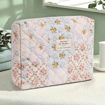 Quilted Makeup Bag,Floral Makeup Bag,Cotton Makeup Bag Set for Women,Travel Makeup Bag,Large Toiletry Cosmetic Bag Makeup Bag Organizer for Women Girls (M2-1PC)